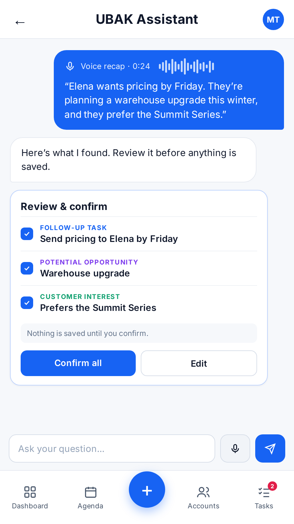 A voice recap after a visit, with UBAK identifying a follow-up task, an opportunity and a customer interest to review and confirm