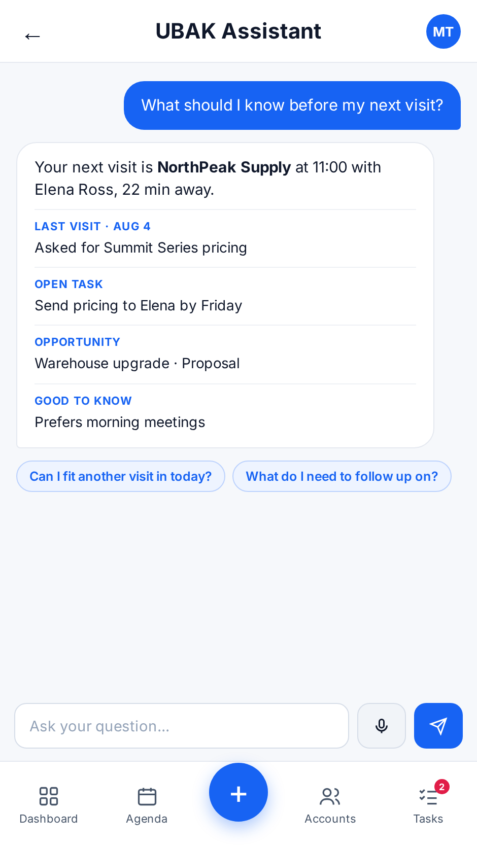 UBAK Assistant answering “What should I know before my next visit?” with the last visit, open task, opportunity and customer preference